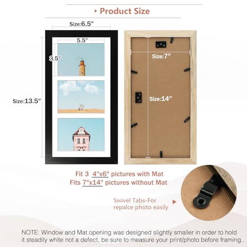 Golden State Art, 7x14 Black Photo Wood Collage Frame with Mat displays (3) 4"x6" Pictures