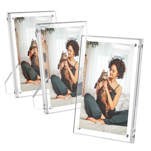 AITEE 5x7 Acrylic Picture Frames 3 Pack, Clear Picture Frames with Stand, Magnetic Frame Lucite Frameless Transparent Floa...