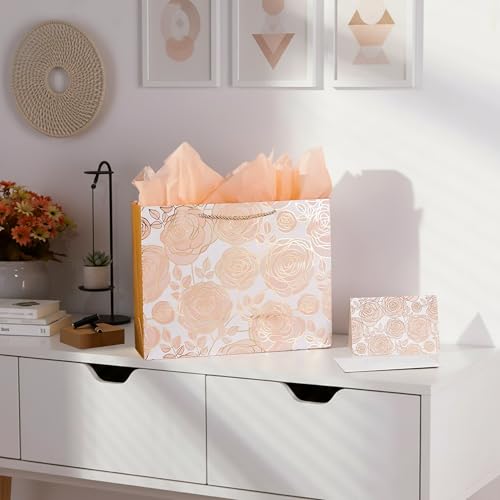 SUNCOLOR Large Gift Bag with Tissue Paper and Card, Rose Gold, Large 13W x 10.2H x 4.7D inches, for Wedding, Bridal Showe...
