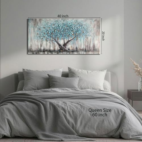 Arjun Tree of Life Wall Art Canvas for Living Room Blue Tree Nature Teal Painting, 50% Hand Painted Textured Picture Bedro...