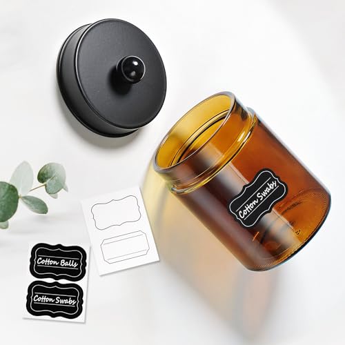 Amolliar Amber Glass Qtip Holder, Apothecary Jars with Matte Black Metal Lid & Stickers-Bathroom Qtip Dispenser Storage Or...