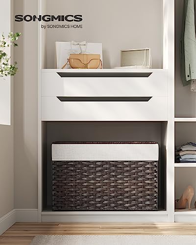 SONGMICS Storage Basket with Lid, Woven Blanket Storage Bin with Handles, Foldable, Removable Liner, Metal Frame, for Bedr...