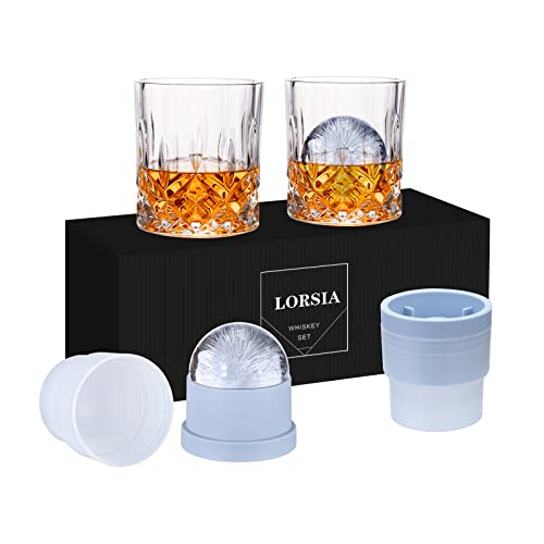 Whiskey Rocks Glass, Set of 4 (2 Crystal Bourbon Glasses, 2 Round Big Ice Ball Molds) In Gift Box - 10 Oz Old Fashioned Gl...