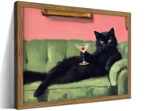 Framed Black Cat with Martini Wall Art Print, Whimsical Cute Cat Decor Paintings, Cocktail Art Bar Cart Decor, Funny Anima...