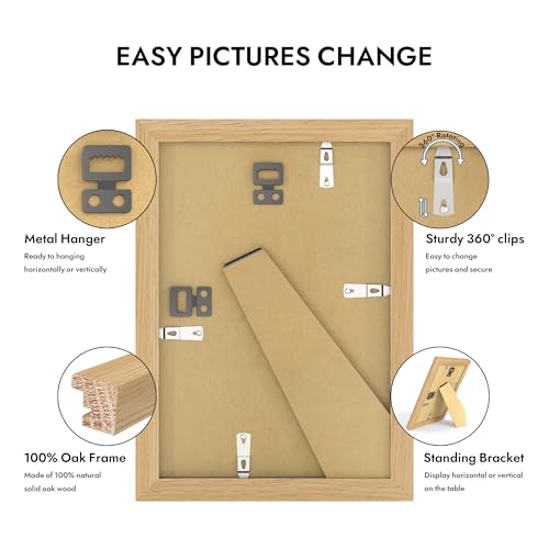 Hongkee 6x9 Oak Wood Picture Frame, Display Photos 5 x 8 with Mat or 6 x 9 without Mat - Tempered Glass Cover, Horizontal ...