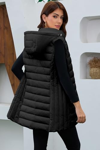 Long Puffer Vest for Women with Hood Lightweight Packable Sleeveless Vest for Spring, Fall & Winter