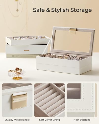 SONGMICS Stackable Jewelry Trays, 4-Tier Jewelry Box, Drawer Jewelry Organizer, with Glass Lid, Removable Dividers, for Va...