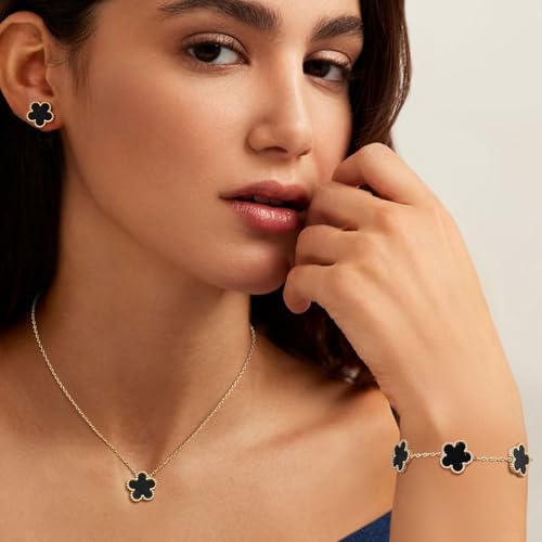 Gold Necklaces Bracelets Earring Set - 18K Gold Plated Flower Bracelet Chain,Stainless Steel Non Tarnish Floral Pendant St...