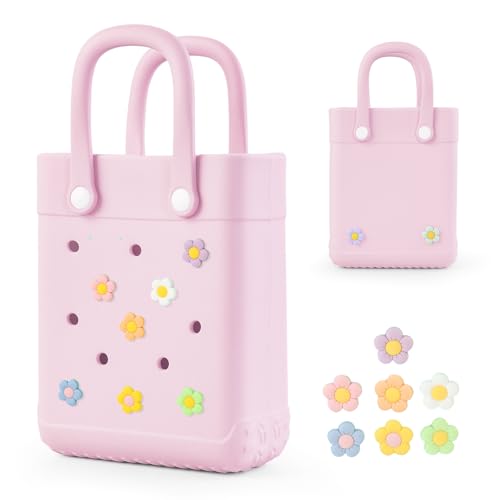 Kcizloz Mini Rubber Tote Bag for Girls & Women, X-Small Waterproof EVA Beach Bag with 7 Cute Charms
