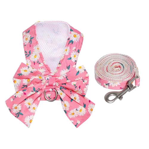 YKYUASD Dog Harness and Leash Set Adjustable Puppy Harness Mesh Vest Set Bow Knot Pet Clothes for Small Girl Dog Cat Summe...