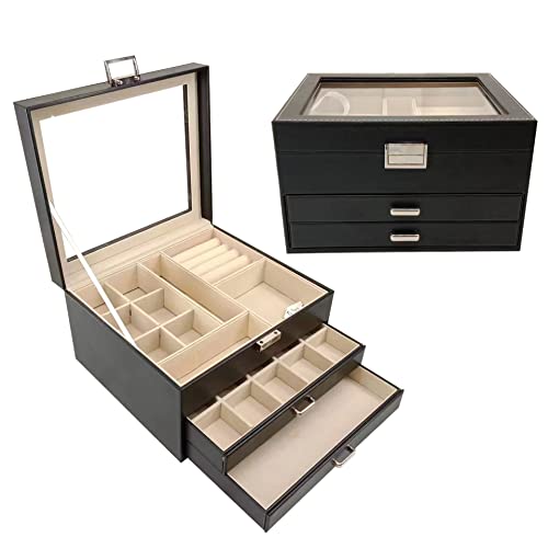 BOOVO Clear Lid Jewelry Box,3 Layers Jewelry Organizer Large Multi-Functional Jewelry Storage Box with 2 Drawers,Jewelry D...
