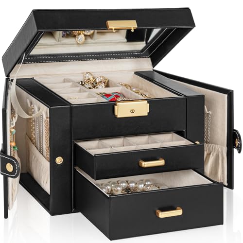 TORIBIO Jewelry Box for Women, Leather Jewelry Organizer with Mirror & Lock, 3-Tier Jewelry Storage Organizer with 2 Drawe...