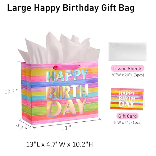 SUNCOLOR Large Happy Birthday Gift Bag with Tissue Paper & Card, 13 x 10.2 x 4.7 Inches Premium Paper Bag for Birthday, Ki...