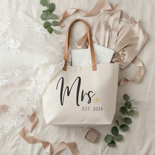 ELEGANTPARK Mrs Gifts for Bride 2026 - Large Canvas Wedding Tote Bag with Zipper, Bridal Shower Gift for Bride to Be, Bach...