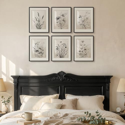 Framed Boho Vintage Botanical Wall Art, Set of 6 Black and White Floral Canvas Painting Prints with Mat for Farmhouse Livi...