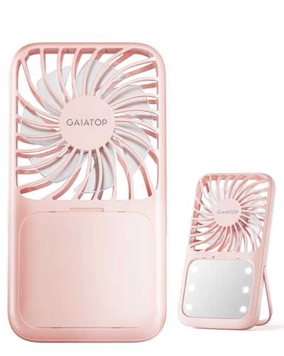Gaiatop Portable Handheld Fan, 3 Speed LED Makeup Mirror with Light, Folding Stand for Desktop, Rechargeable Mini Personal...