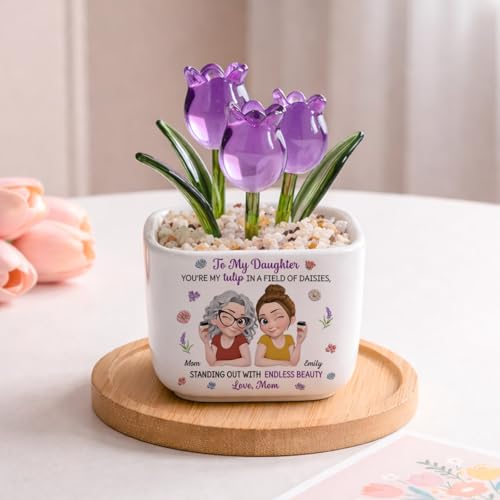 Wrappiness Everlasting Glass Tulip Plant in Ceramic Pot Personalized for Daughter – Customized Mother-Daughter Gift, Flowe...