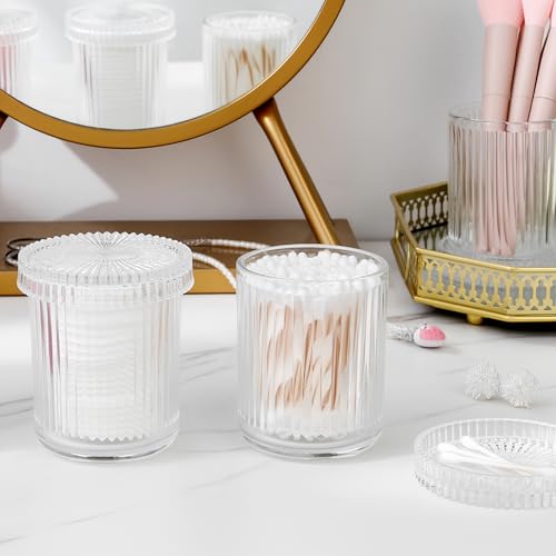 rejomiik Glass Qtip Holder Dispenser, Bathroom Canister Apothecary Jars with Lids, Vanity Makeup Accessories Storage Organ...