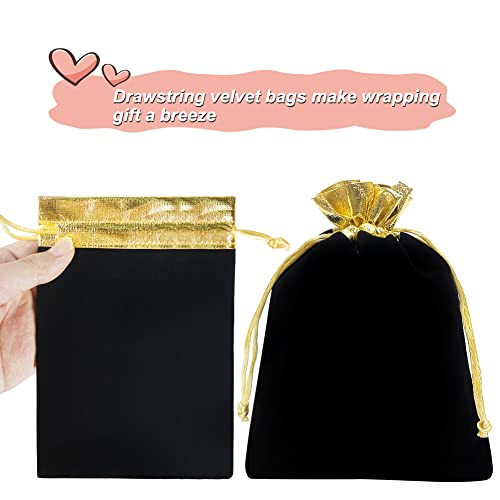 HRX Package 10pcs Velvet Bags with Drawstrings 5x7 inch, Black Gold Cloth Gift Pouches Baggies Sacks for Jewelry Dice Part...