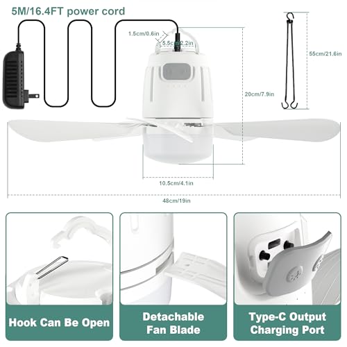 Canopy Fan 20'', 20000mAh Portable Outdoor Ceiling Fan with Light with Remote Control and Extension Hook, Easy Operation B...