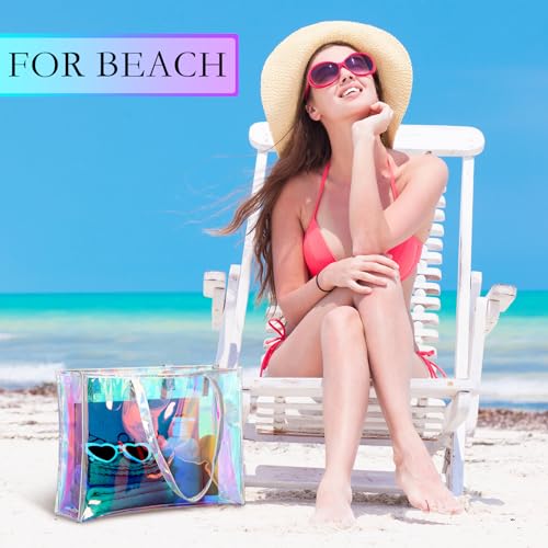 Aliceset Holographic Clear Tote Bag with Leather Handle Iridescent Bachelorette Beach Bag for Work Stadium Travel | with L...