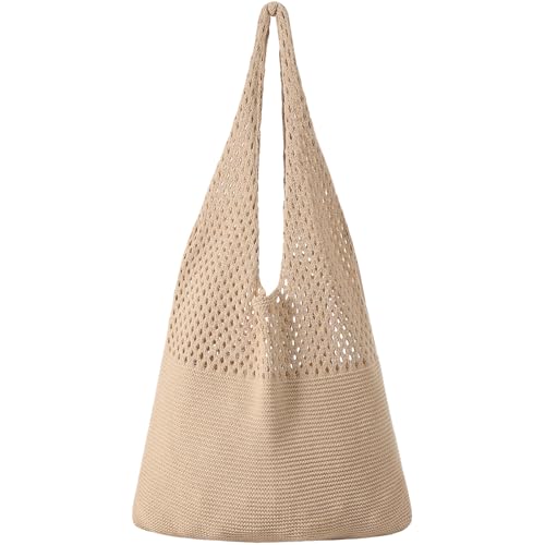 Premillow Crochet Beach Tote Bags, Stylish Mesh Beach Bags Shoulder Bag for Women, Cute Summer Vacation Boho Tote Bag