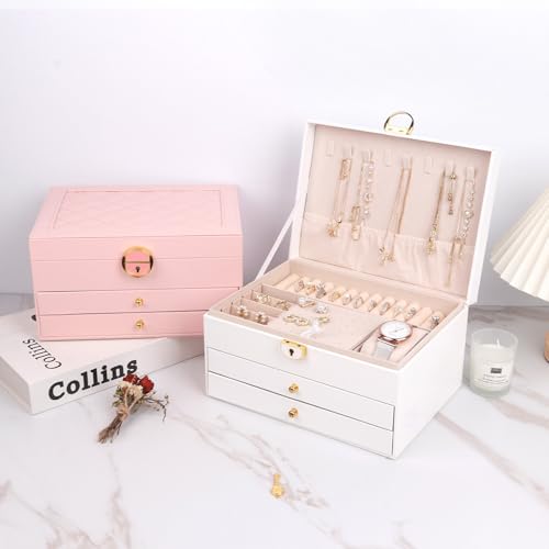 RQQM 3 Layer Jewelry Box Organizer with Drawers, Lockable PU Leather Jewelry Storage Case for Mothrer's Day gifts Necklace...