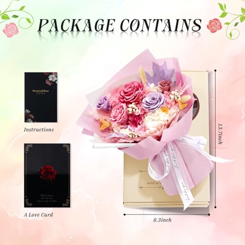 Preserved Flowers Roses Bouquet with Vases Real Pink Flowers for Delivery Prime, Forever Glitter Rose Bouquets Kit,Handmad...