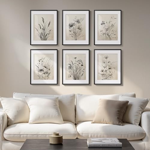 Framed Boho Vintage Botanical Wall Art, Set of 6 Black and White Floral Canvas Painting Prints with Mat for Farmhouse Livi...