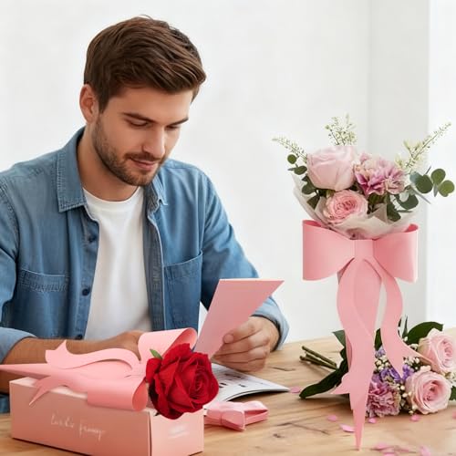 Lerheedi 24 Pcs Flower Bouquet Holder Mother's Day Single Rose Bow Theme Bags DIY Flower Wrapping Paper for Wedding Valent...