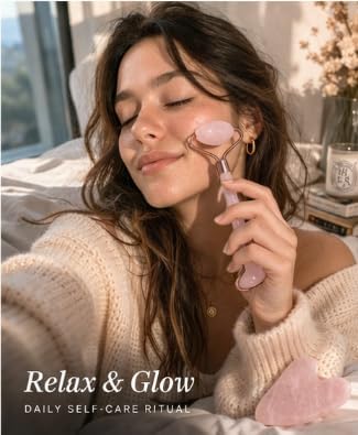 Face Roller & Gua Sha Set for Facial Massage, Reduce Puffiness & Wrinkles, Cooling Skin Care Tool for Face Neck Eyes, Rela...