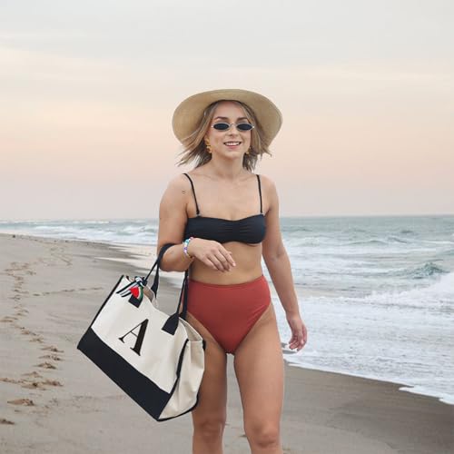 Salt Earth Personalized Initial Canvas Tote Bag for Women, Large Cotton Monogram Beach Grocery Reusable Work Travel Tote