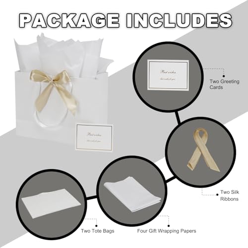 Papertide 2 Pack 13x5x10 Inch Large White Gift Bag Set with Tissue Paper, Greeting Card & Ribbon, Big Gift Wrapping Kits f...