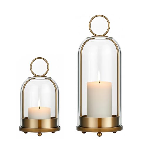 Havmorph 5"&4" Hurricane Glass Candle Holders, Hanging Brass Metal Candle Holder for Pillar Candles Table Coffee Table Dec...