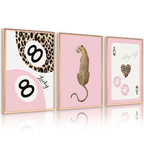 Lhoiplme Cheetah Trendy Wall Art Preppy Leopard Canvas Print Cheetah Room Wall Decor 8 Ball Poster Y2k Pink Coquette Luxur...