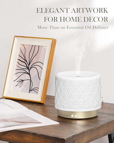 Ceramic Essential Oil Diffuser, 280ml 2.4MHz Ultrasonic Cool Mist Aromatherapy Diffuser with 12H/24H Runtime,Auto Shut-Of...