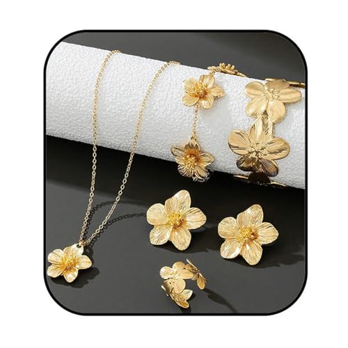 MALOYANVE Golden Flower Necklace Earring Ring Bracelet Set for Women Gold - Toned Floral Jewelry Set Elegant Flower - Shap...