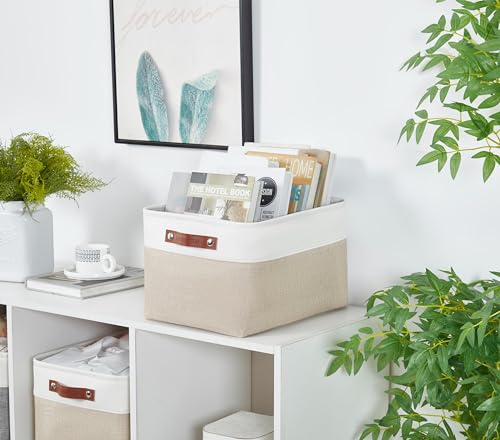 DECOMOMO Storage Baskets for Shelves - Fabric Storage Bins, Linen Closet Organizers and Storage (Beige & White, Large - 1 ...