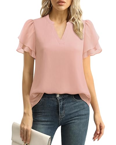 Lotusmile Womens Dressy Chiffon Blouses Summer Puff Petal Short Sleeve Shirts V Neck Casual Work Tops