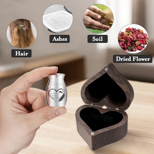 XIUDA Wooden Mini Memorial Small Urns for Ashes Stainless Steel Cremation Mini Urn with Black Walunt Box Funeral Heart Win...