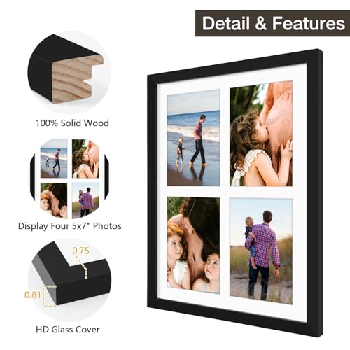 Golden State Art, 12x16 Black Wood Collage Picture Frame - Picture Frame with White Mat Displays Four 5x7 Photos - Collage...