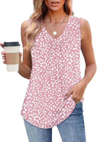 OFEEFAN Tank Top for Women Loose Fit Sleeveless Shirts V Neck Summer Clothes Ruched Women's Tees and Tanks Curved Hem