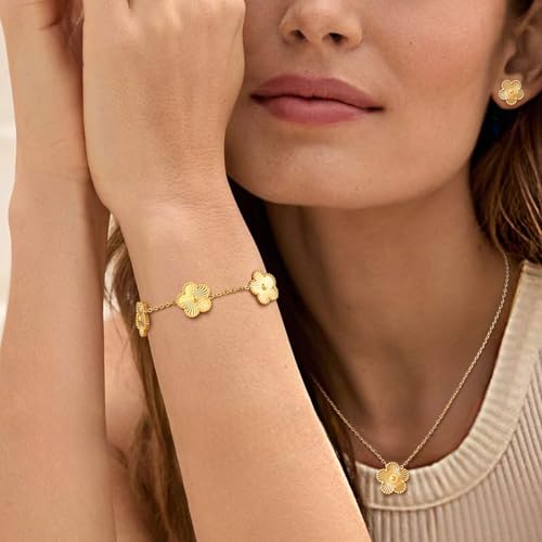 Gold Necklaces Bracelets Earring Set - 18K Gold Plated Flower Bracelet Chain,Stainless Steel Non Tarnish Floral Pendant St...