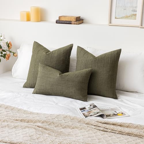SINYASAN Soft Linen Striped Throw Pillow Covers 18"x18" Set of 2, Olive Green Textured Decorative Pillow Cases for Sofa Be...