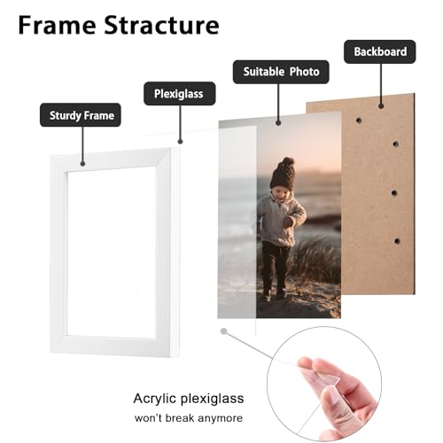 KINLINK 4x6 Picture Frame White Set of 4, Wooden Photo Frames with Plexiglass for 4x6 without Mat for Table and Wall Display