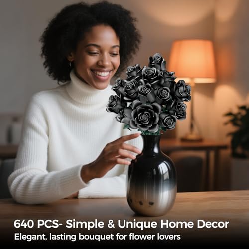 CLMTAS 12 PCS Black Roses Bouquet Building Set, Eternal Artificial Flowers, Gothic Retro Botanical Collection Decor Flowe...