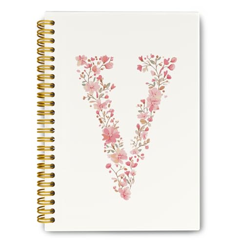 QROZIAR Pink Cute Spiral Notebook Journal, Preppy Floral Initial Letter V Personalized Journaling Notebooks, Monogrammed G...