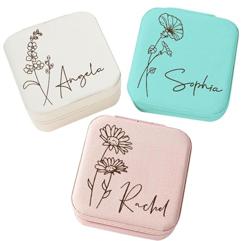 Corissy Personalized Jewelry Box for Women, Custom Travel Jewelry Case with Name and Birth Flower, Leather Jewelry Box for...