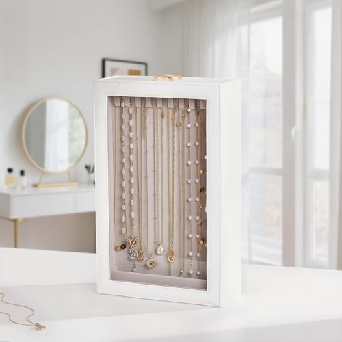 Lolalet Necklace Organizer Box, Jewelry Storage Box with Clear Window for Necklaces Bracelets, Tangle-Free Necklace Displa...