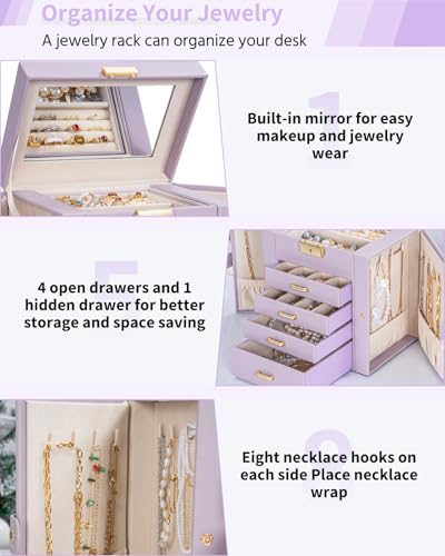 AKOZLIN 5-Tier Jewelry Box Leather Jewelry Storage Organizer with 4 Drawers Lockable for Women Girls Ring Necklace Earring...
